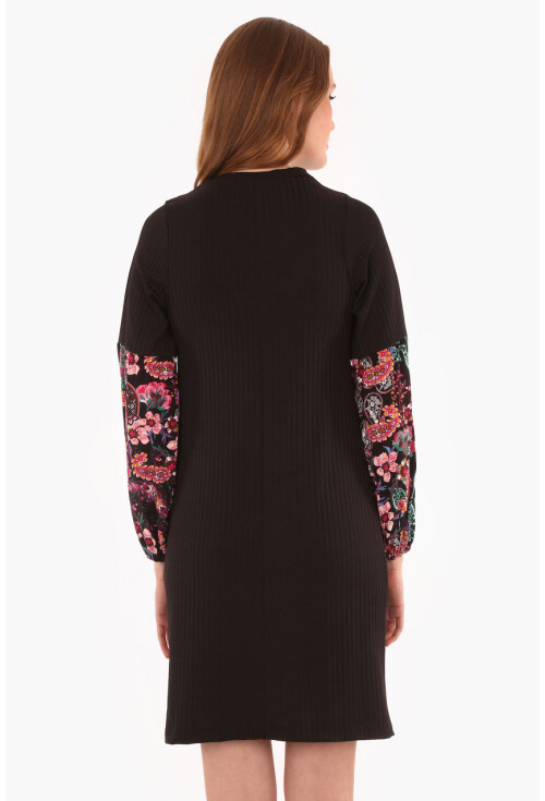 4129 ÇİÇEK DESEN BALON KOL LİKRALI TUNİK