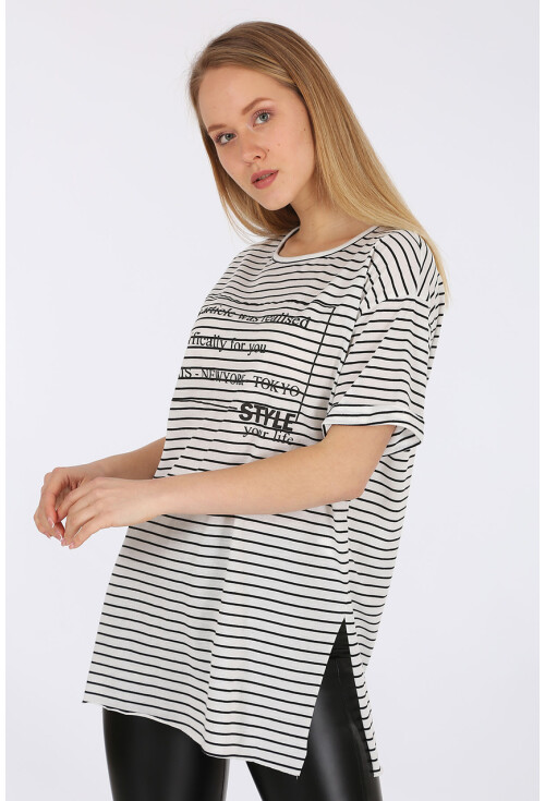 4270 Çizgili Yanı Yırtmaçlı Tshirt