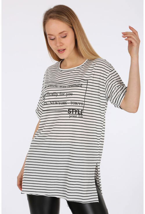 4270 Çizgili Yanı Yırtmaçlı Tshirt