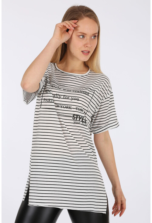 4270 Çizgili Yanı Yırtmaçlı Tshirt