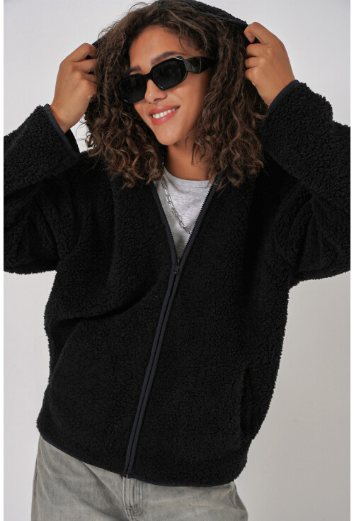 55456 Kadın Kapüşonlu Oversize Peluş Ceket