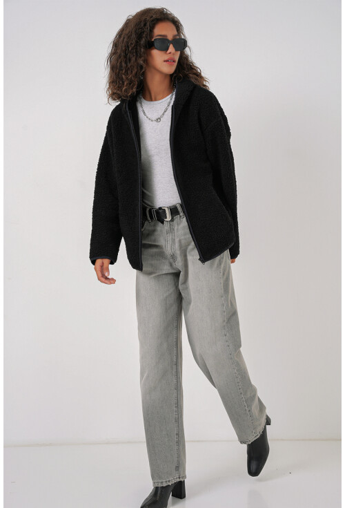 55456 Kadın Kapüşonlu Oversize Peluş Ceket