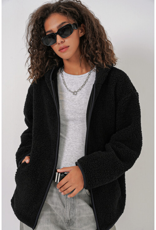 55456 Kadın Kapüşonlu Oversize Peluş Ceket