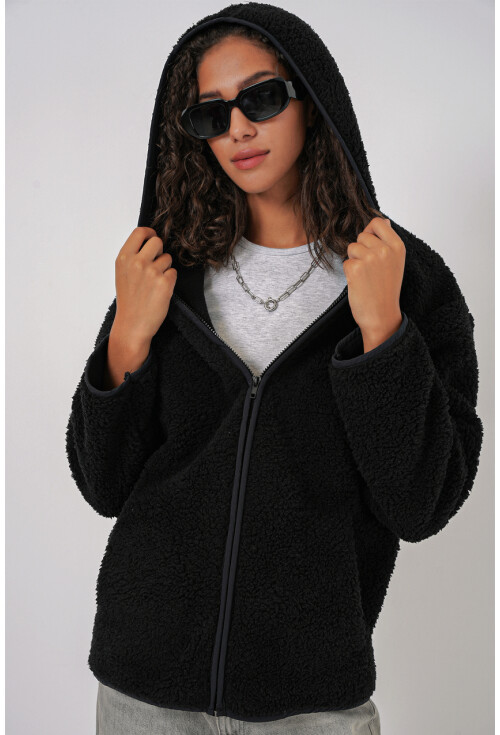 55456 Kadın Kapüşonlu Oversize Peluş Ceket