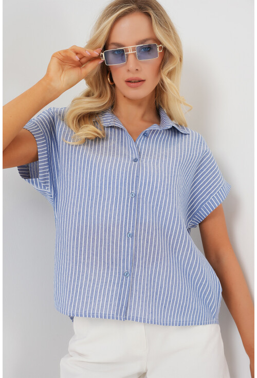 Kadın Çizgili Kısa Kol Gömlek 20324