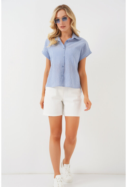 Kadın Çizgili Kısa Kol Gömlek 20324