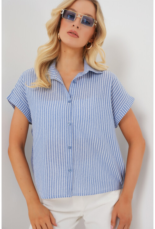 Kadın Çizgili Kısa Kol Gömlek 20324