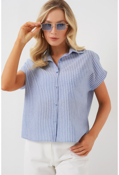 Kadın Çizgili Kısa Kol Gömlek 20324