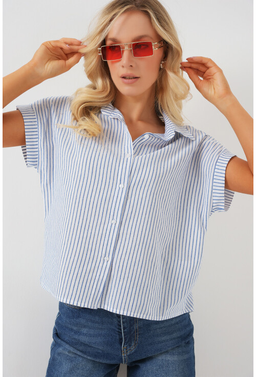 Kadın Çizgili Kısa Kol Gömlek 20324