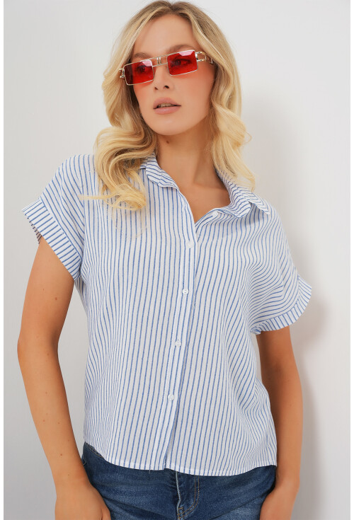 Kadın Çizgili Kısa Kol Gömlek 20324