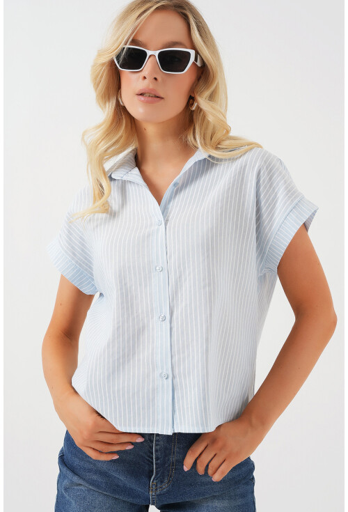 Kadın Çizgili Kısa Kol Gömlek 20324