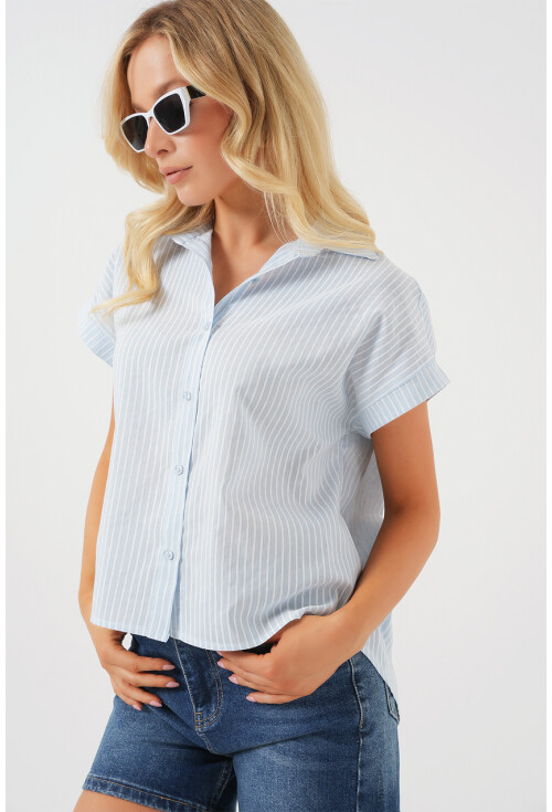 Kadın Çizgili Kısa Kol Gömlek 20324