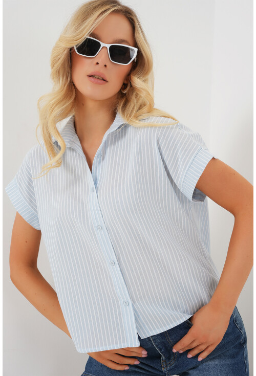 Kadın Çizgili Kısa Kol Gömlek 20324