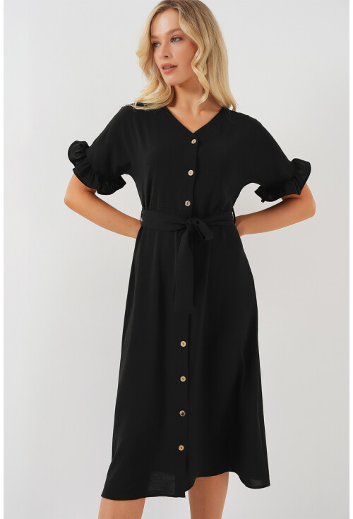 Kadın Kısa Kol Düğmeli Elbise 2555