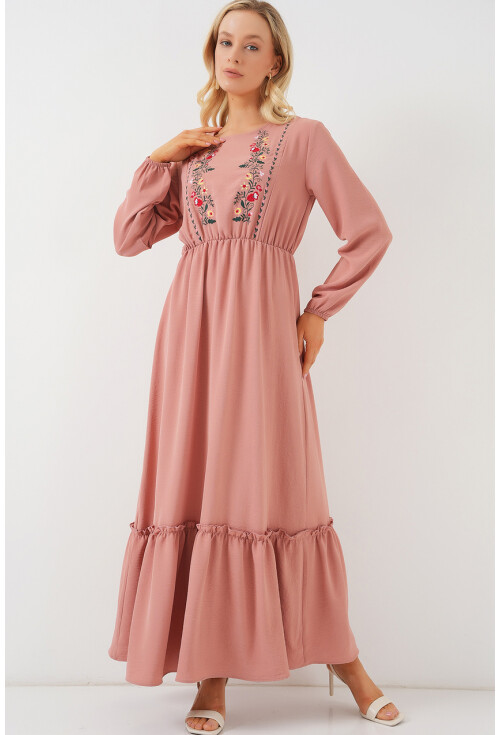 Kadın Nakışlı Uzun Tesettür Elbise 2550