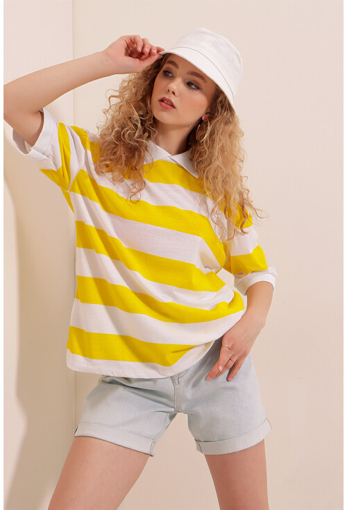 01519 Polo Yaka Çizgili Tişört