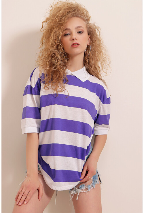 01519 Polo Yaka Çizgili Tişört