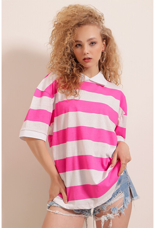 01519 Polo Yaka Çizgili Tişört