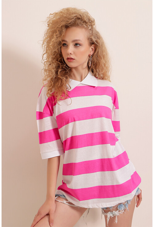 01519 Polo Yaka Çizgili Tişört