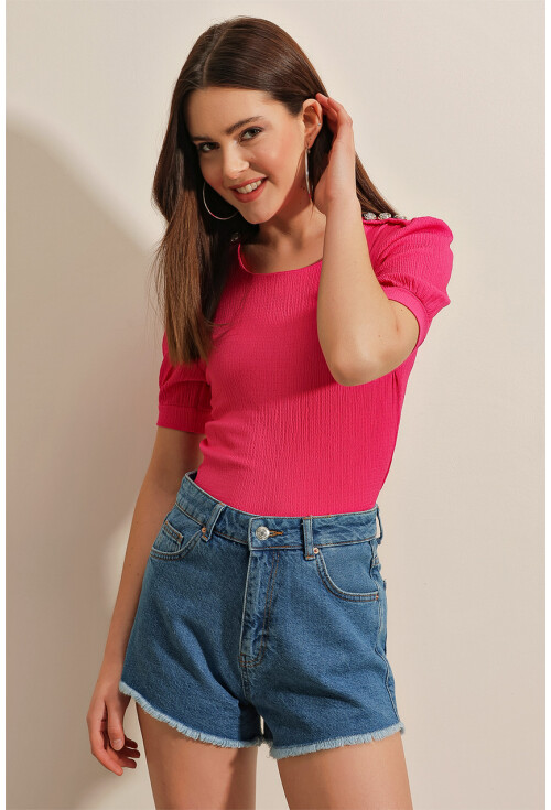 0468 Düğme Detaylı Örme Bluz