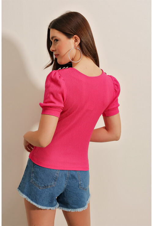 0468 Düğme Detaylı Örme Bluz