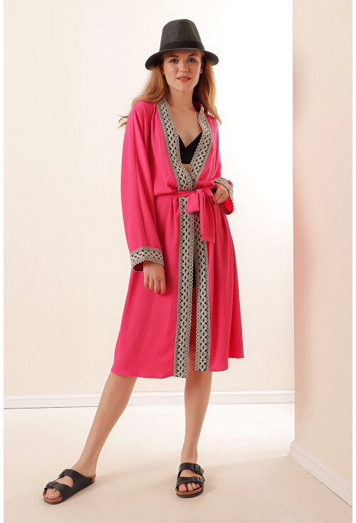 05865 Nakışlı Örme Uzun Kimono