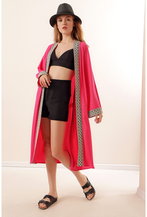 05865 Nakışlı Örme Uzun Kimono