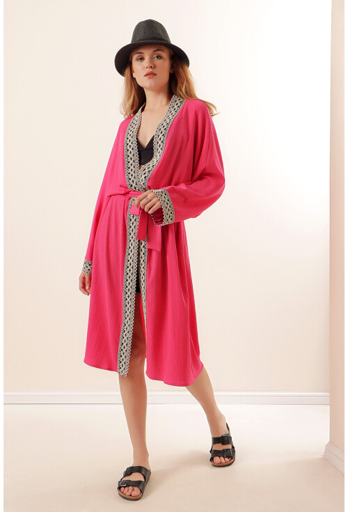 05865 Nakışlı Örme Uzun Kimono