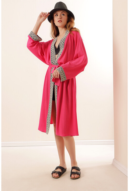05865 Nakışlı Örme Uzun Kimono