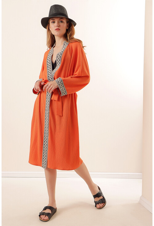 05865 Nakışlı Örme Uzun Kimono