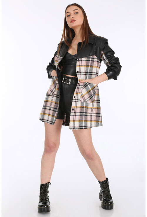 0658 Ekose Desen İnce Kaşe Oversize Ceket