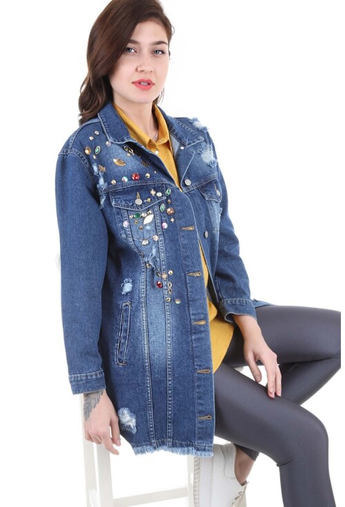 10222 TAŞ DETAYLI UZUN KOT CEKET
