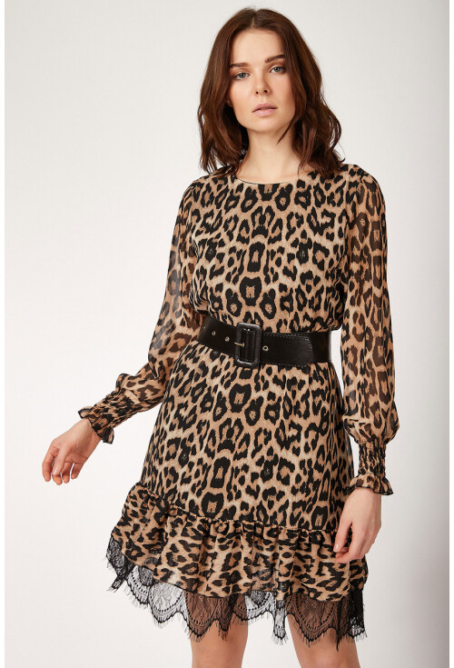 10262 LEOPAR DESEN ALTI DANTEL ELBİSE