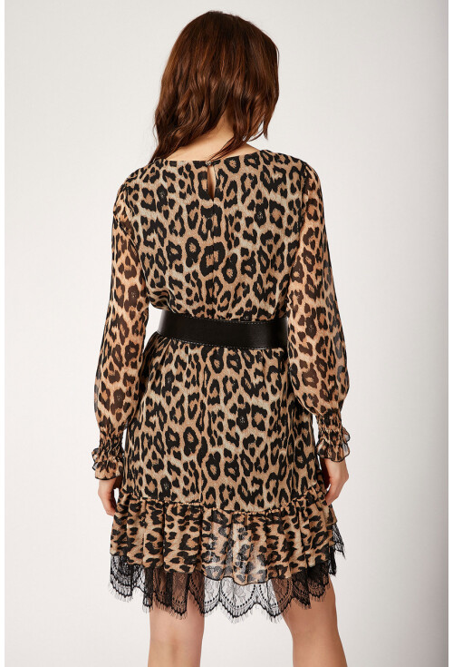 10262 LEOPAR DESEN ALTI DANTEL ELBİSE