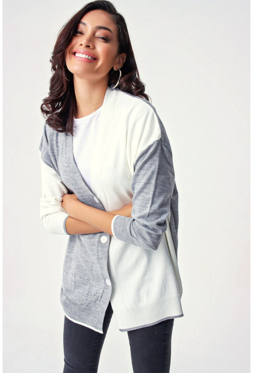 10300 Blok Renkli Oversize Triko Hırka