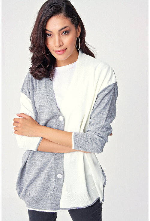 10300 Blok Renkli Oversize Triko Hırka