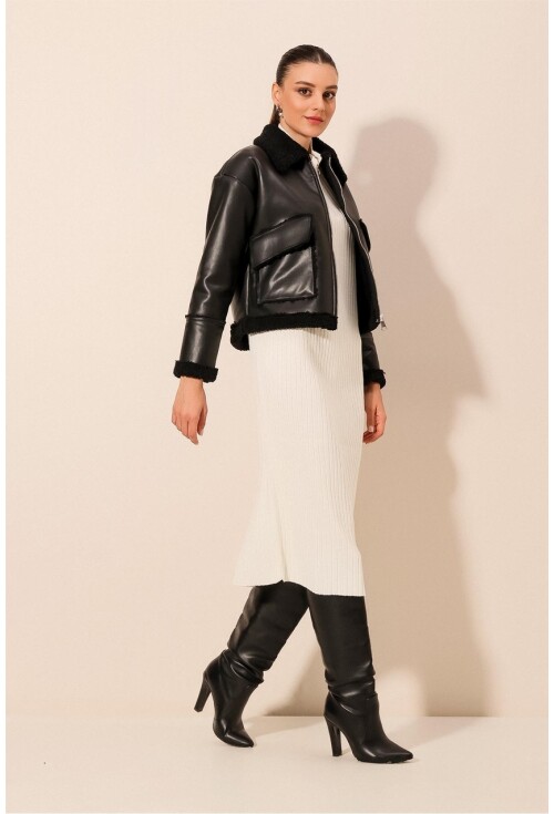 1039 Suni Deri Bomber Ceket