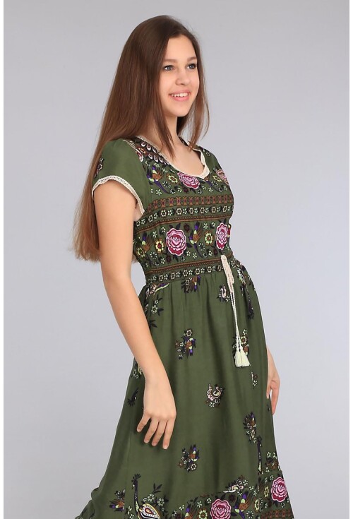 1518 BEL İP BÜZGÜLÜ DESENLİ ELBİSE