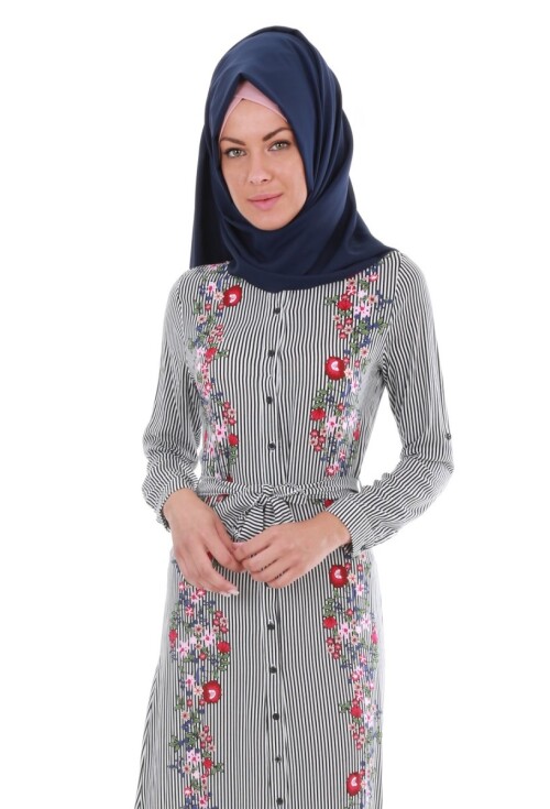 1524 BEL KUŞAK DESENLİ TESETTÜR ELBİSE