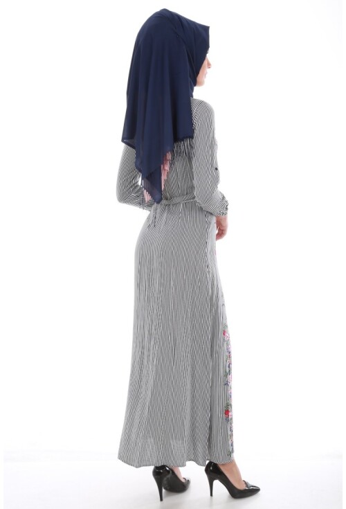 1524 BEL KUŞAK DESENLİ TESETTÜR ELBİSE