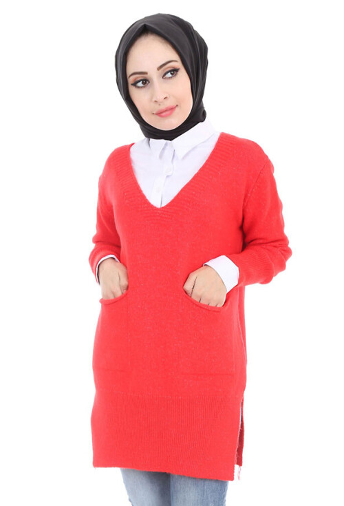 15484 V YAKA CEPLİ TRİKO TESETTÜR TUNİK