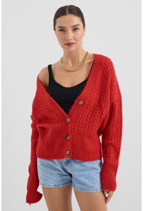 15885 Örgülü Oversize Triko Hırka
