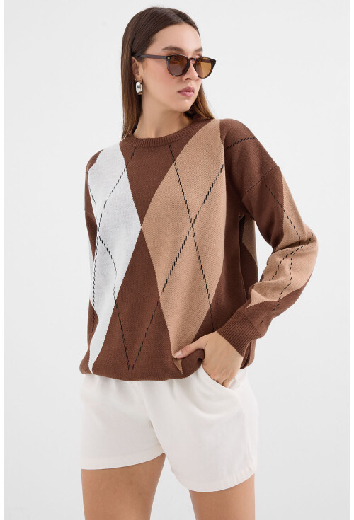 15887 Desenli Oversize Triko Kazak