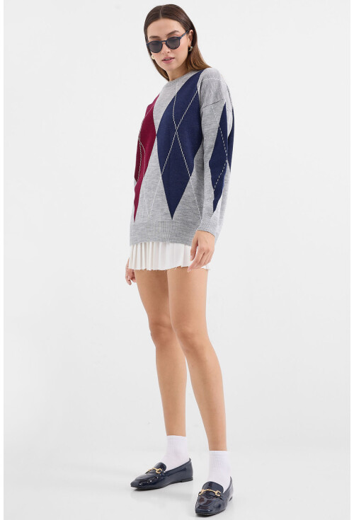 15887 Desenli Oversize Triko Kazak