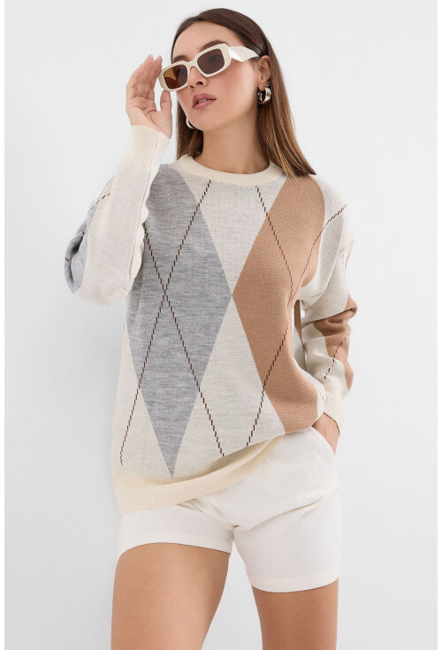 15887 Desenli Oversize Triko Kazak