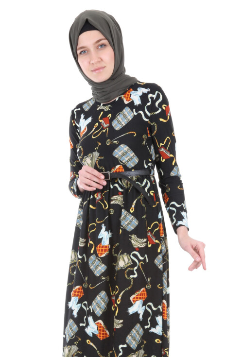 1639 BELİ KEMERLİ DESENLİ TESETTÜR ELBİSE