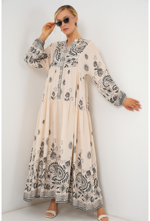 2423 Otantik Desenli Tesettür Elbise