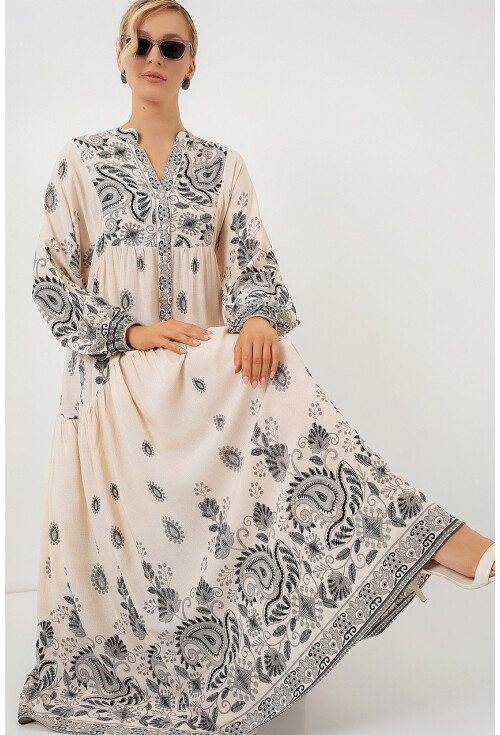 2423 Otantik Desenli Tesettür Elbise