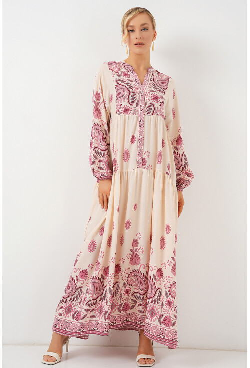 2423 Otantik Desenli Tesettür Elbise