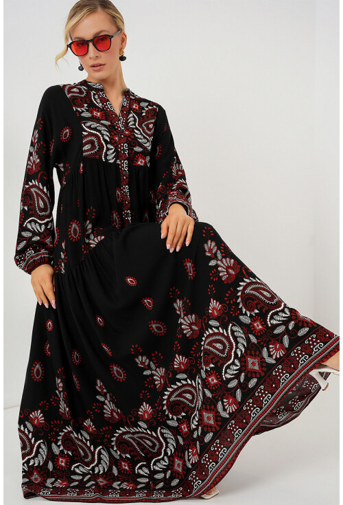 2423 Otantik Desenli Tesettür Elbise